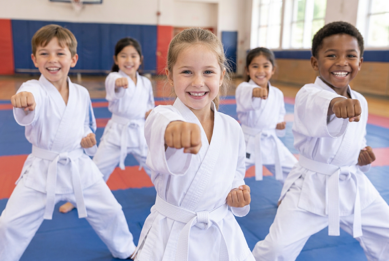 Kids practicing Taekwondo punches in a school gym